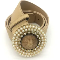 Luxury vintage leather belt with crystal & pearls round buckleBelts