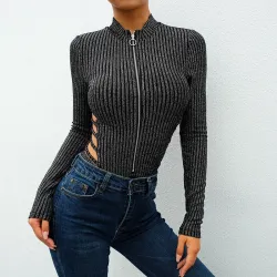 Rapwriter Sexy Backless Turtleneck Zipper Elastic Glitter Silver Striped Bodysuits Women 2018 Long SLingerie