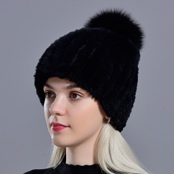 Raglaido Knitted Pompom Hats for Women Beanies Solid Elastic Rex Rabbit Fur Caps Winter Hat SkulliesPetten & Hoeden