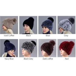 Raglaido Knitted Pompom Hats for Women Beanies Solid Elastic Rex Rabbit Fur Caps Winter Hat SkulliesPetten & Hoeden