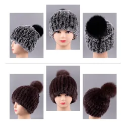 Raglaido Knitted Pompom Hats for Women Beanies Solid Elastic Rex Rabbit Fur Caps Winter Hat SkulliesPetten & Hoeden