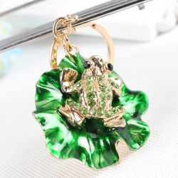 Frog & green lotus leaf - crystal keychain