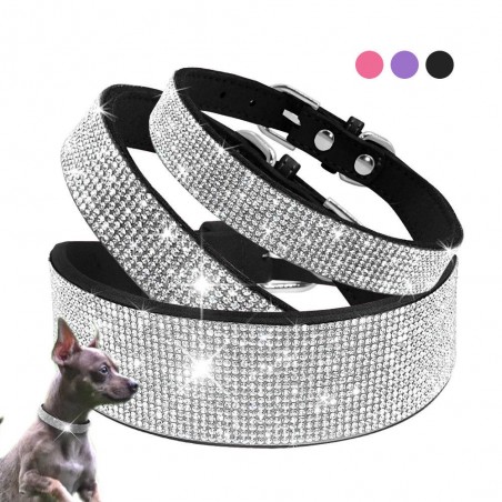 Leather collar with rhinestones for dogs and cats