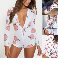 Sexy deep v-neck jumpsuit - long sleeve printed bodysuit with buttonsBlouses & shirts