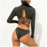 Rapwriter Sexy Backless Turtleneck Zipper Elastic Glitter Silver Striped Bodysuits Women 2018 Long SLingerie