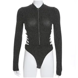 Rapwriter Sexy Backless Turtleneck Zipper Elastic Glitter Silver Striped Bodysuits Women 2018 Long SLingerie