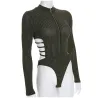 Rapwriter Sexy Backless Turtleneck Zipper Elastic Glitter Silver Striped Bodysuits Women 2018 Long SLingerie