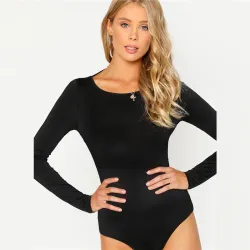 SHEIN Black Backless Solid Skinny Bodysuit Round Neck Open Back Long Sleeve Draped Plain Women RompeLingerie