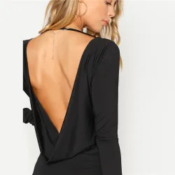 SHEIN Black Backless Solid Skinny Bodysuit Round Neck Open Back Long Sleeve Draped Plain Women RompeLingerie