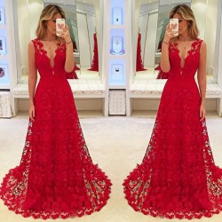 femmes été sexy manches sans manches v-neck robe longue - soirée dames robes en dentelle rouge massif