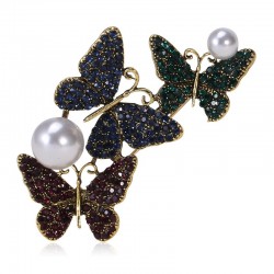 Triple papillons & perle - broche en cristal de luxe