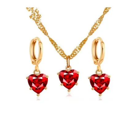 Collier d'or  boucles d'oreilles avec coeur rouge