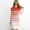 Striped Knitted Dresses - Office - Elegant - Red - BlackJurken