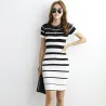 Striped Knitted Dresses - Office - Elegant - Red - BlackJurken