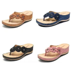Summer sandals with decorative flowers - ethnic style flip flopsSandals