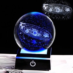 globe 3D avec 8 planètes - boule de cristal avec base - laser gravé - lumière de nuit LED - 8cm