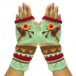 Gebreide winterhandschoenen - ontwerp met halve vingers - met een geborduurd bloemmotiefHandschoenen