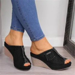 High Heels - Denim Slippers - Black - BlueHoge hakken