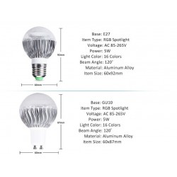 5W - RGB - E27 - GU10 - E14 - MR16 - LED lamp - afstandsbediening - dimmerE14