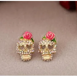 Crâne en cristal avec rose - petites boucles d'oreilles