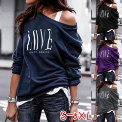 Sexy top - losse off-shoulder - t-shirt met lange mouwen - LOVE-printBlouses & overhemden