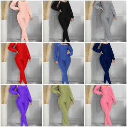 Elegant textured ribbed jumpsuit - long sleeve top - cut-out back - setJumpsuits