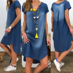 Denim jurk met korte mouwen - V-hals - los modelJurken