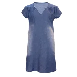 Denim jurk met korte mouwen - V-hals - los modelJurken