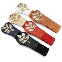 Modieuze elastische brede riem - gesp met embleem van bladerenRiemen