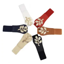 Modieuze elastische brede riem - gesp met embleem van bladerenRiemen