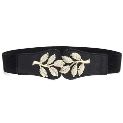 Modieuze elastische brede riem - gesp met embleem van bladerenRiemen