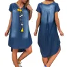 Denim jurk met korte mouwen - V-hals - los modelJurken