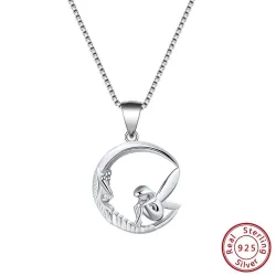 Fairy sitting on moon necklace pendant - stainless steel