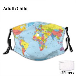 Face / mouth protective mask with 2 PM2.5 filters - for adults / children - world mapMouth masks