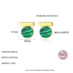 Elegant round stud earrings - with green malachite - 925 sterling silverEarrings