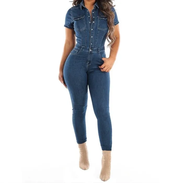 Denim jumpsuit - knoopsluiting - korte mouw - smalJumpsuits