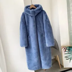 Fashionable faux fur coat with hoodie