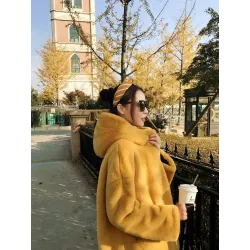 Fashionable faux fur coat with hoodie