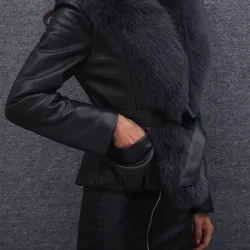 Leather fur coat - with fluffy collar