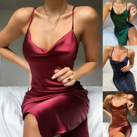 Sexy zijden jurk - kuitlengte - dunne bandjes - met zijsplitJurken