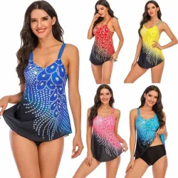 Bikiniset met lange bovenkant - print van pauwenverenBadkleding