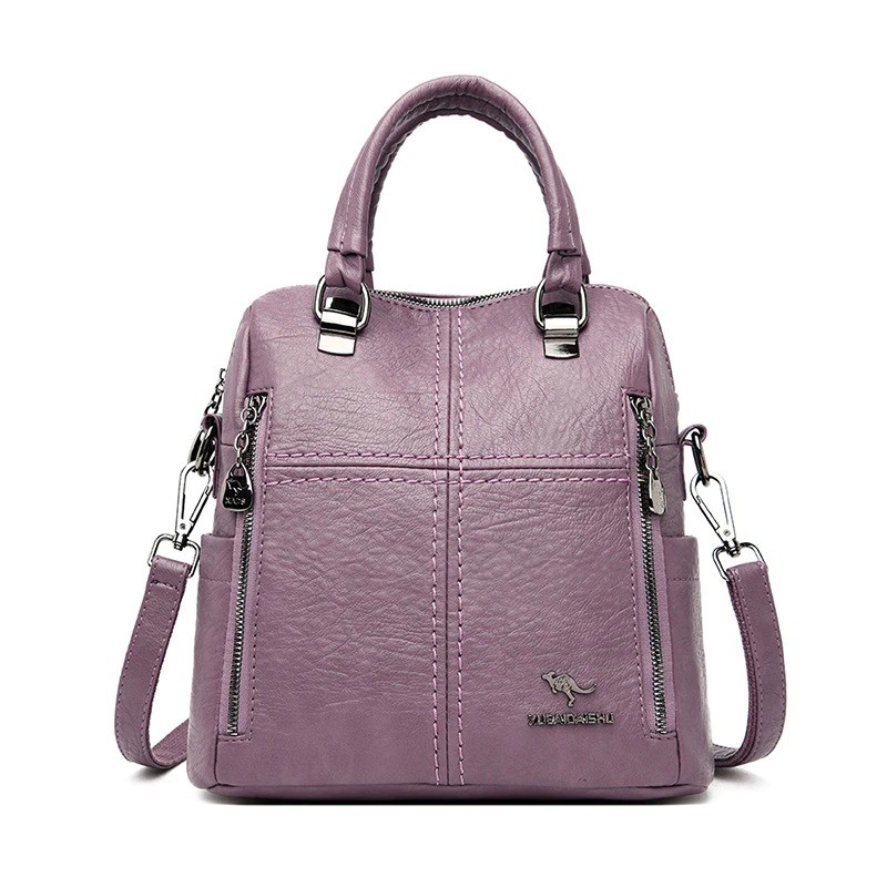 Leather shoulder bag - with multi zippers / hand strap