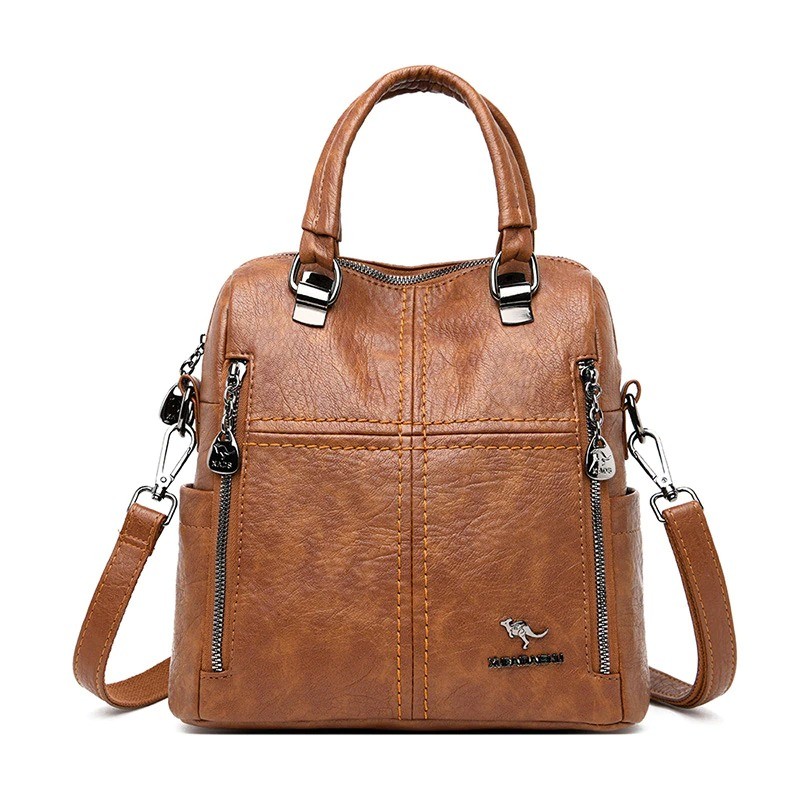 Leather shoulder bag - with multi zippers / hand strap
