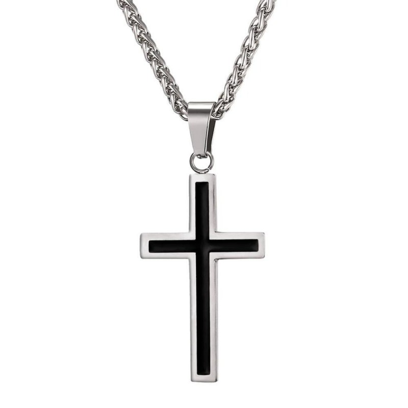 Pendant cross and chain - stainless steel - black and gold color - unisex  - gift