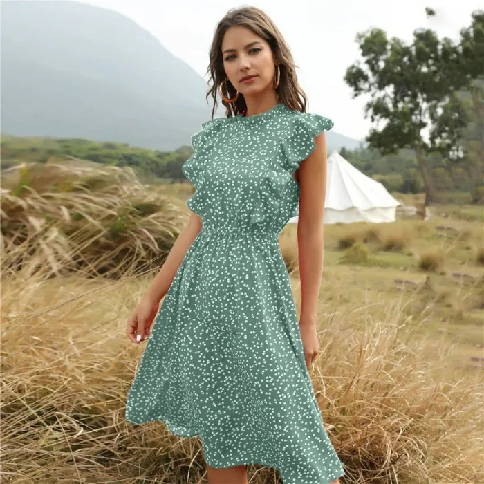 Zomerjurk met stippen - met ruches mouwen - midi - chiffonJurken
