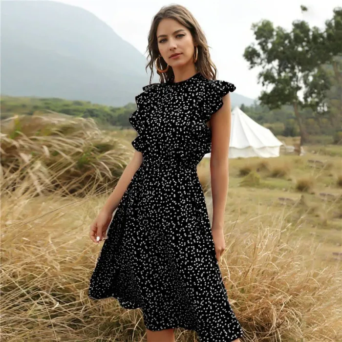 Zomerjurk met stippen - met ruches mouwen - midi - chiffonJurken