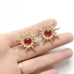 Vintage sun shaped - stud earrings - with red pearl decoration