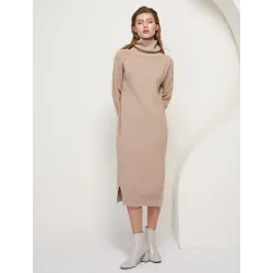 Khaki knitted dress - with turtle neck / long sleeve