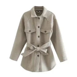 Vintage woolen beige jacket - with pockets / belt / buttons