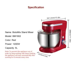 BioloMix - kitchen stand mixer - stainless steel bowl - 6-speed / whisk / dough kneading - 1200W / 5LBakeware